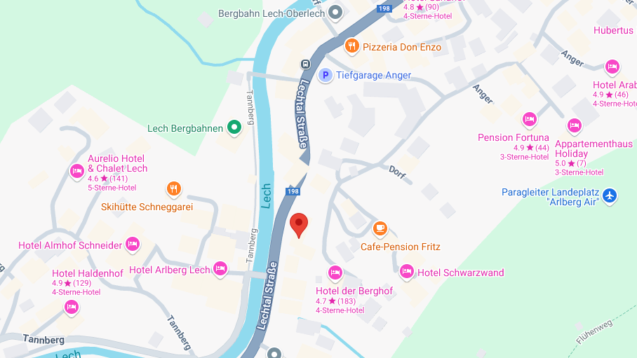 Explore Lech with Our Detailed Map A detailed map of Lech, Austria showing streets and points of interest for navigation.